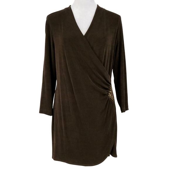 Chicos Travelers Top 1 Womens Medium 8 Brown Stretch Knit Blouse Faux Wrap Long - Picture 1 of 12